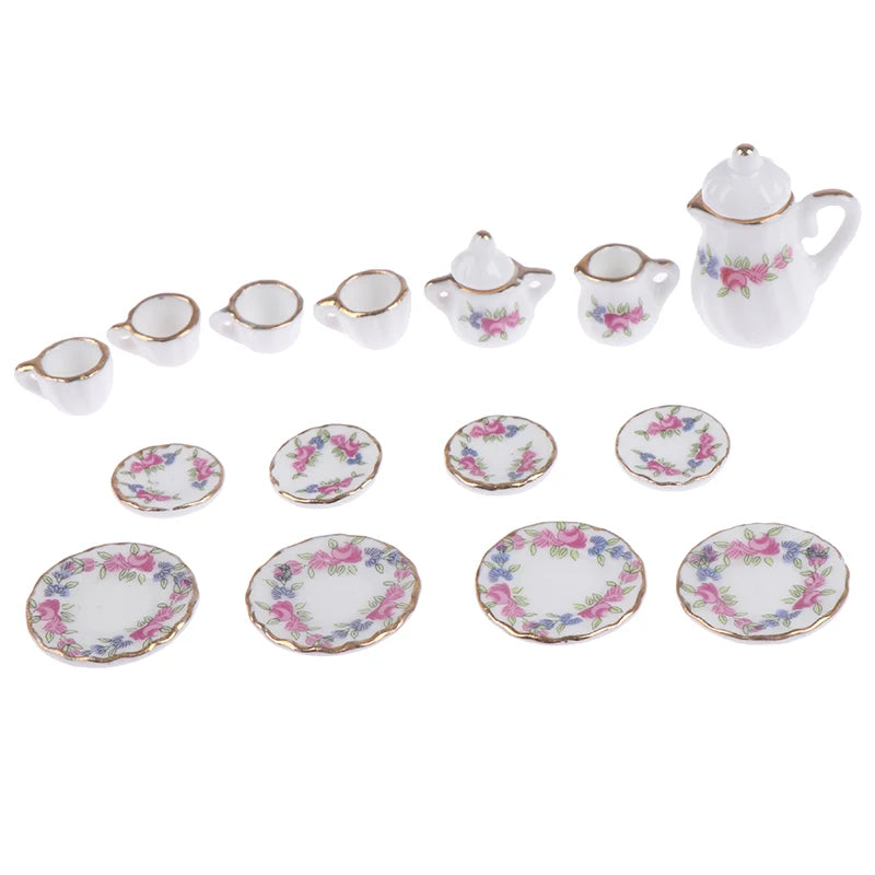 Mini Dollhouse Porcelain Tea Set (15 Pcs)