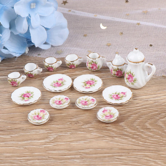Mini Dollhouse Porcelain Tea Set (15 Pcs)