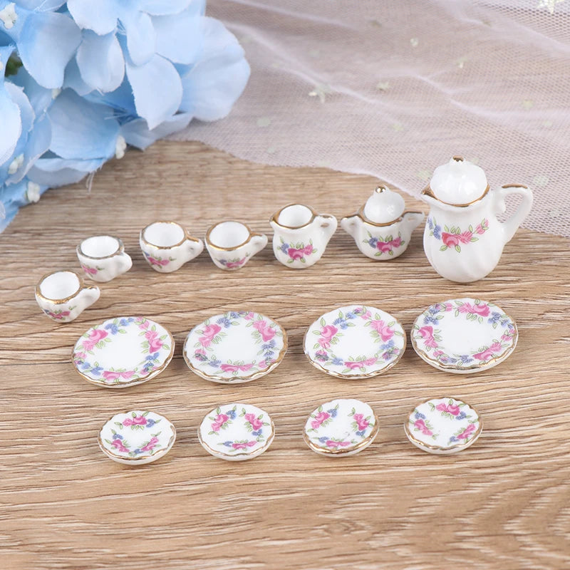 Mini Dollhouse Porcelain Tea Set (15 Pcs)