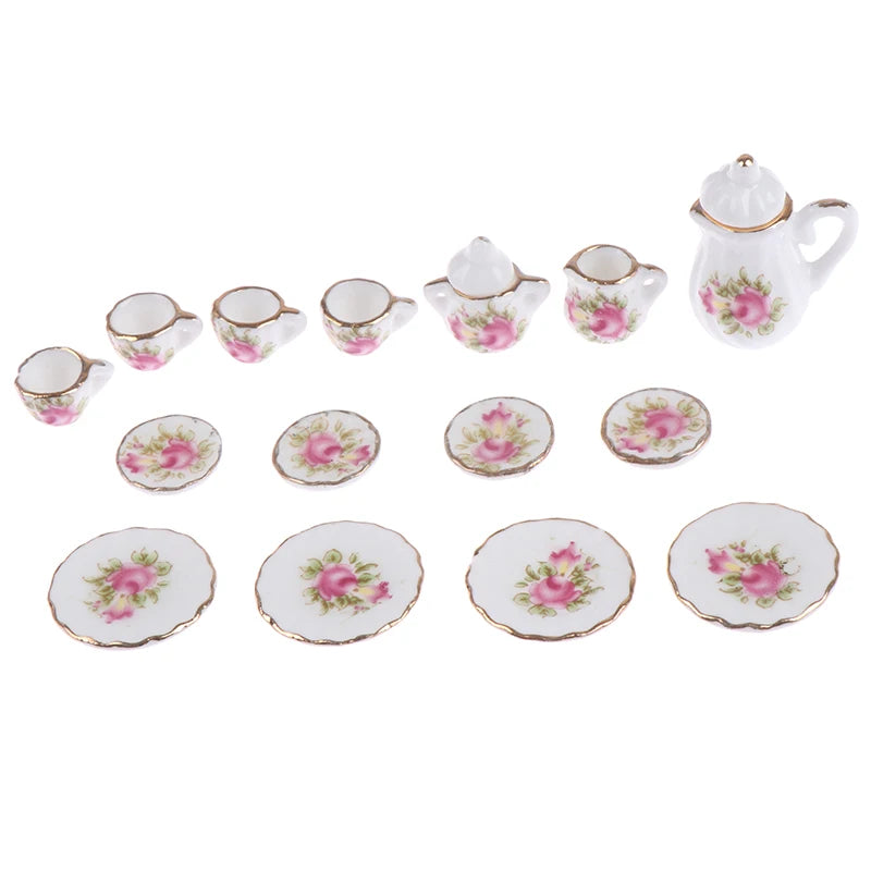 Mini Dollhouse Porcelain Tea Set (15 Pcs)