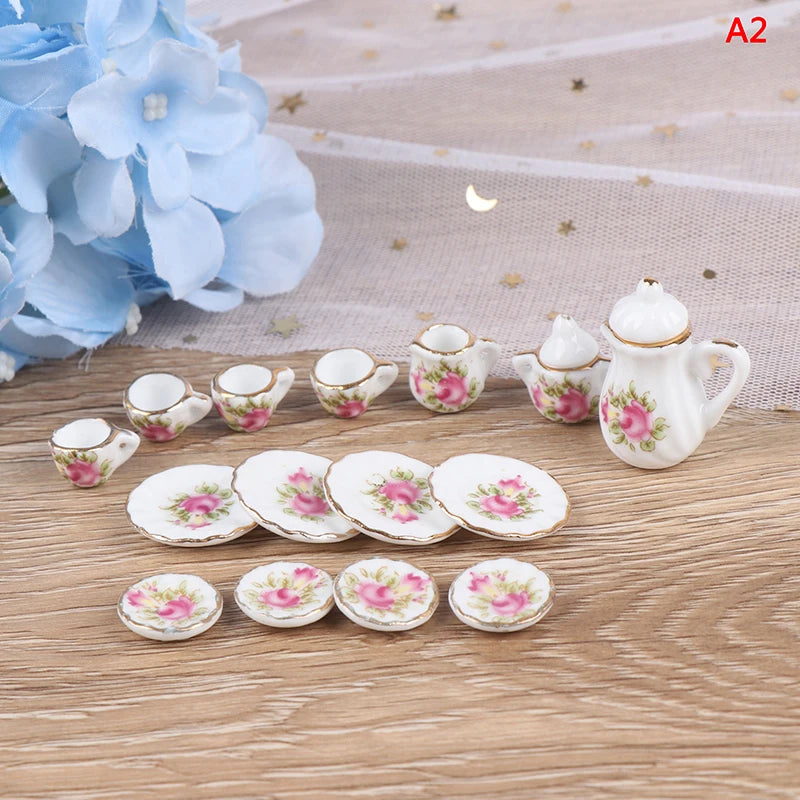Mini Dollhouse Porcelain Tea Set (15 Pcs)